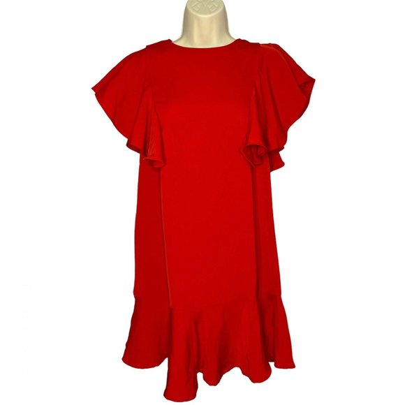 Lucy Wang Red Flutter Sleeves Ruffle Hem Dress - Picture 1 of 8